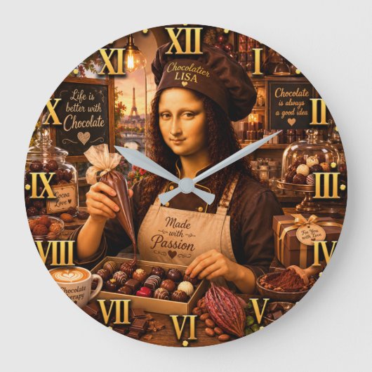 Funny Mona Lisa Chocolatier Gourmet Candy Maker Große Wanduhr (Vorderseite)