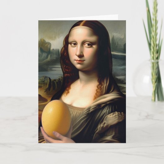 Funny Mona Lisa hält ein Eigelb Karte (Vorderseite)
