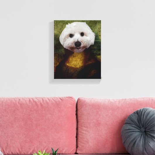 Funny Mona Lisa Maltese Dog Stretched Canvas Print Leinwanddruck (Insitu (Wohnzimmer))