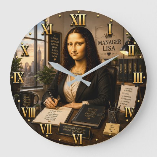 Funny Mona Lisa Manager Office Decor Große Wanduhr (Vorderseite)