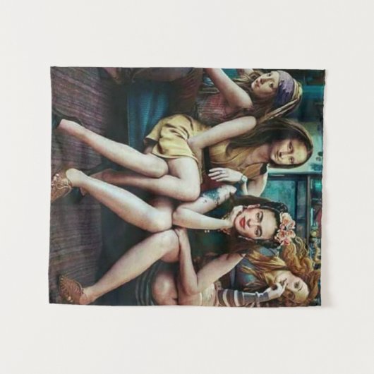 Funny Mona Lisa mit ihren Freundinnen Squad Wandteppich (Vorderseite (Horizontal))