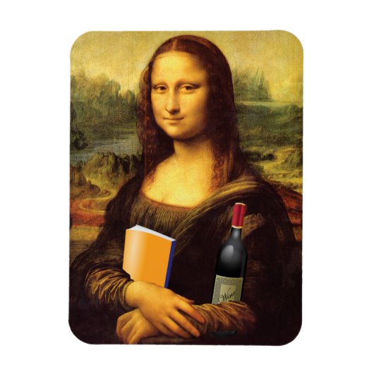 Funny Mona Lisa mit Wein und Buch Magnet (Vertikal)