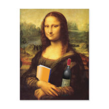 Funny Mona Lisa mit Wein und Buch