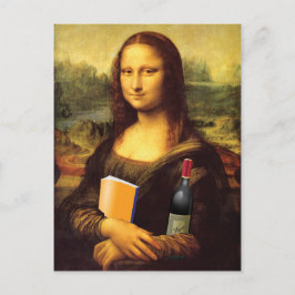 Funny Mona Lisa mit Wein und Buch Postkarte