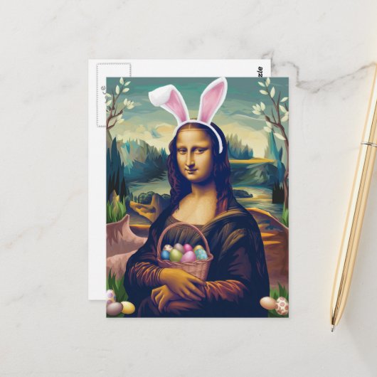 Funny Mona Lisa Osterhase Bunny Postkarte (Vorderseite/Rückseite Beispiel)