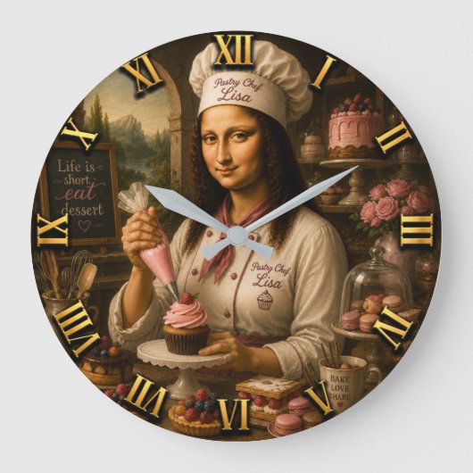 Funny Mona Lisa Pastry Chef Bakery Kitchen Decor Große Wanduhr (Vorderseite)