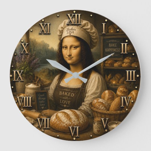 Funny Mona Lisa Rustic Bakery Kitchen Decor Große Wanduhr (Vorderseite)
