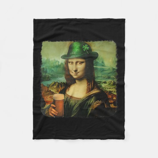 Funny Mona Lisa St. Patricks Day Kleeblatt Hat Lep Fleecedecke (Vorderseite)