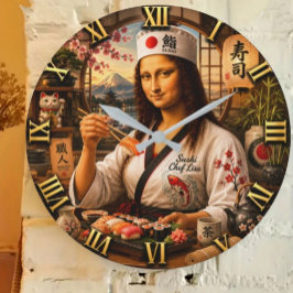 Funny Mona Lisa Sushi Chef Japanese Kitchen Decor Große Wanduhr