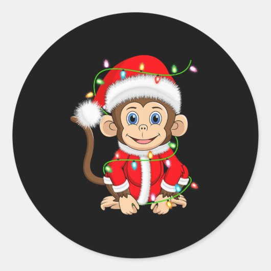 Funny Monkey Christmas Lights Santa Costume Cute A Runder Aufkleber (Vorderseite)