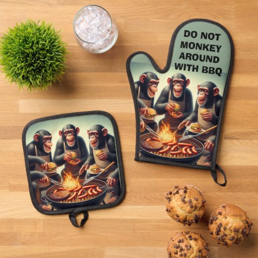Funny Monkey GRILLEN Ofenhandschuh & Topflappen-Set (Oben Unten)