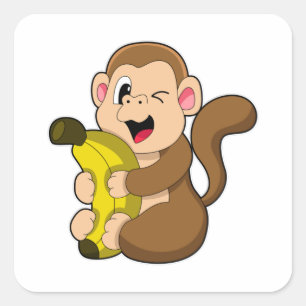 Funny Monkey mit Banana Quadratischer Aufkleber