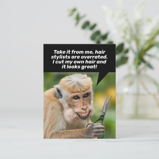 Funny Monkey mit einem schlechten Haar Cut Shelter Postkarte (Stehend Vorderseite)