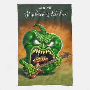 Funny Monster Green Bell Pepper Rocker Gitarre Geschirrtuch