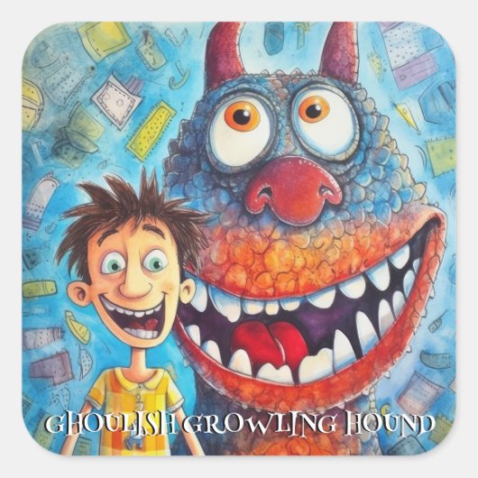 Funny Monster Hund: Ghoulish Growling Hound Quadratischer Aufkleber (Vorderseite)