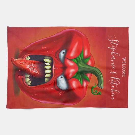 Funny Monster Red Bell Pepper Rocker Geschirrtuch (Horizontal)