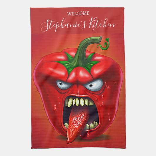 Funny Monster Red Bell Pepper Rocker Geschirrtuch (Vertikal)