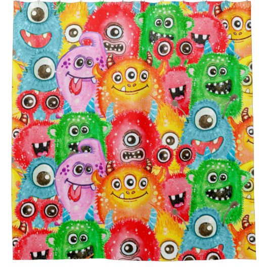 Funny Monsters, Aquarellfarben Nahtloses Muster. Duschvorhang (Vorderseite)