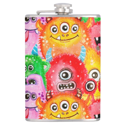 Funny Monsters, Aquarellfarben Nahtloses Muster. Flachmann (Vorderseite)
