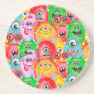 Funny Monsters, Aquarellfarben Nahtloses Muster. Getränkeuntersetzer