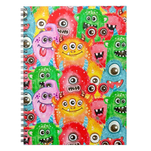 Funny Monsters, Aquarellfarben Nahtloses Muster. Notizblock (Vorderseite)
