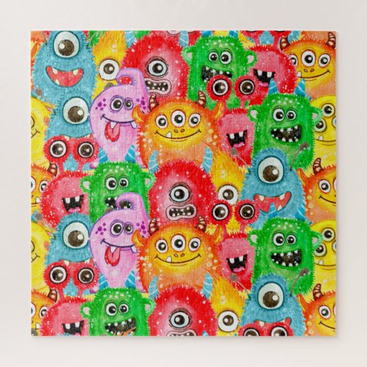 Funny Monsters, Aquarellfarben Nahtloses Muster. Puzzle (Vertikal)