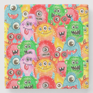 Funny Monsters, Aquarellfarben Nahtloses Muster. Steinuntersetzer