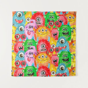 Funny Monsters, Aquarellfarben Nahtloses Muster. Wandteppich