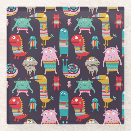 Funny Monsters Cartoon Nahtloses Muster Glasuntersetzer (Vorderseite)