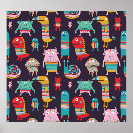 Funny Monsters Cartoon Nahtloses Muster Poster (Vorne)