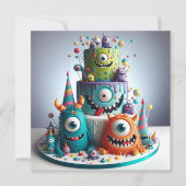 FUNNY MONSTERS DEKORIERTER KINDERGEBURTSTAG CAKE KARTE (Vorderseite)