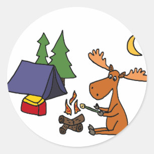Funny Moose Camping Cartoon Runder Aufkleber