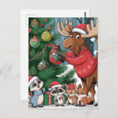 Funny Moose Dekorieren des Weihnachtsbaum-Cartoon Postkarte (Vorne/Hinten)