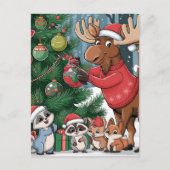 Funny Moose Dekorieren des Weihnachtsbaum-Cartoon Postkarte (Vorderseite)