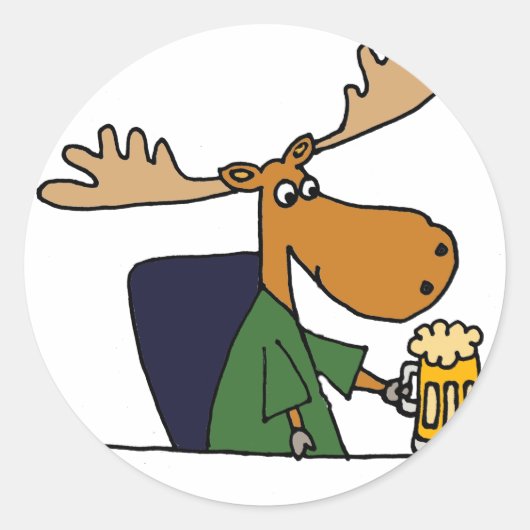 Funny Moose Drink Beer Cartoon Runder Aufkleber (Vorderseite)