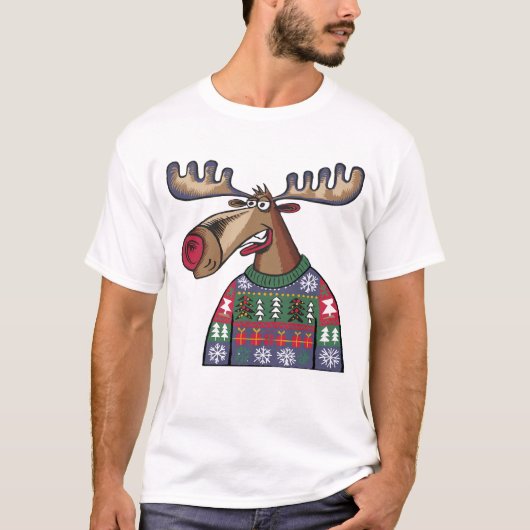 Funny Moose mit Ugly Christmas Sweater T-Shirt (Vorderseite)