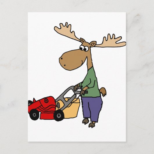 Funny Moose Mowing Lawn Cartoon Postkarte (Vorderseite)