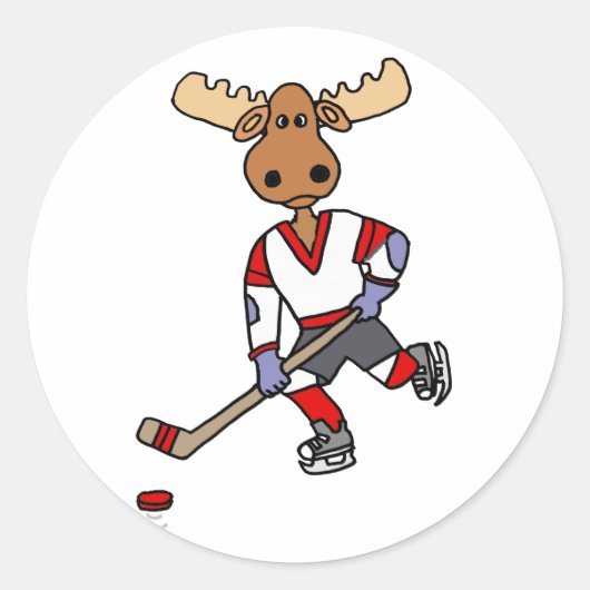 Funny Moose Playing Ice Hockey Cartoon Runder Aufkleber (Vorderseite)