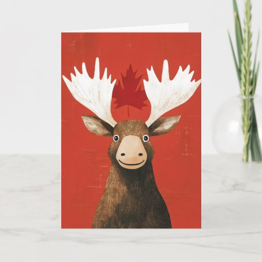 Funny Moose Red Leaf Feiertagskarte (Vorderseite)