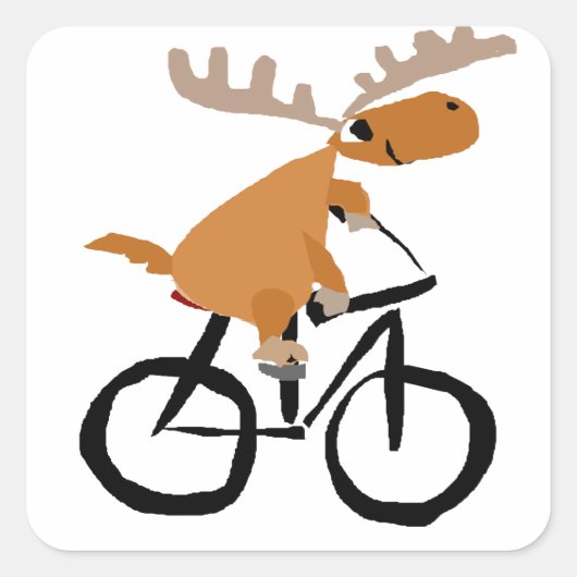 Funny Moose Riding Bicycle Originale Kunst Quadratischer Aufkleber (Vorderseite)