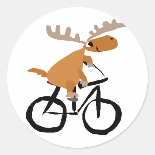 Funny Moose Riding Bicycle Originale Kunst Runder Aufkleber (Vorderseite)