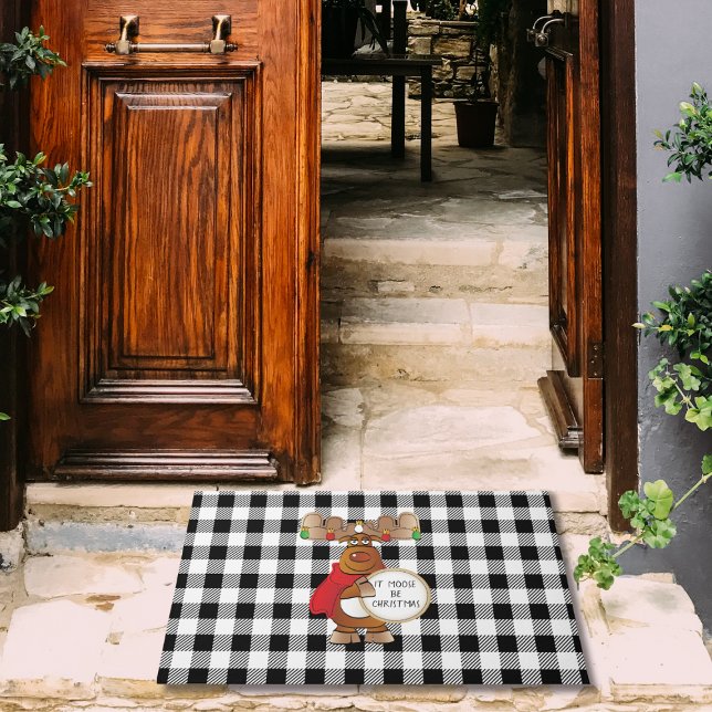 Funny Moose Schwarz-weiß Buffalo Karo Weihnachten Fußmatte (Von Creator hochgeladen)