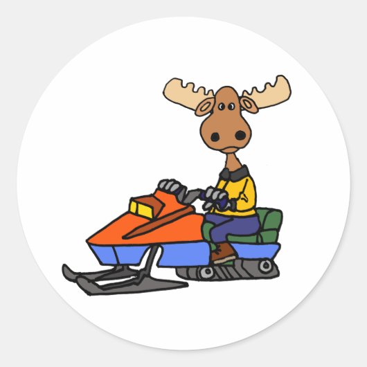 Funny Moose Snowmobiling Runder Aufkleber (Vorderseite)