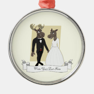 Funny Moose Wedding Cartoon Silbernes Ornament