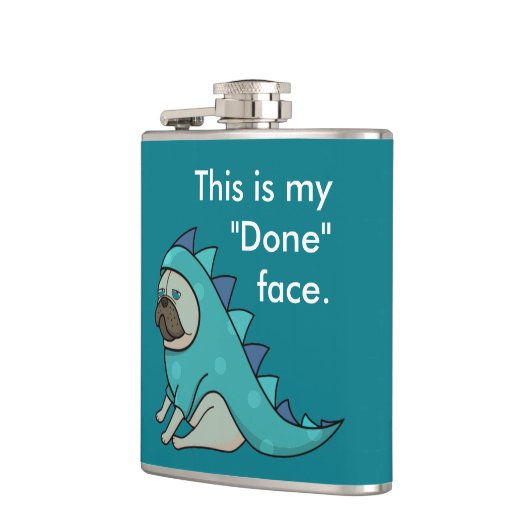 Funny Mops Dog Pugasaurus ist "Fertig" Flachmann (Links)