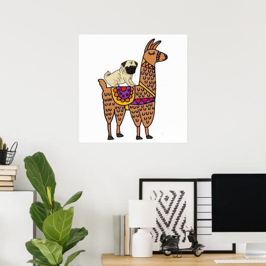 Funny Mops Dog Riding Llama Cartoon Poster (Heimbüro)