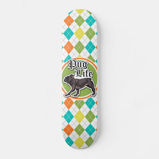 Funny Mops; farbenfrohe Raute Muster Skateboard (Vorderseite)