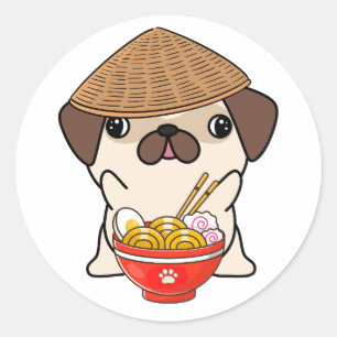 Funny Mops Hund isst Nudeln Runder Aufkleber