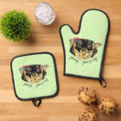 Funny Mops Hund mit benutzerdefiniertem Text und F Ofenhandschuh & Topflappen-Set (Oben Unten)