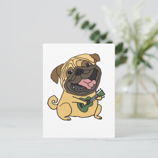 Funny Möpse Playing Ukulele Cartoon Postkarte (Stehend Vorderseite)